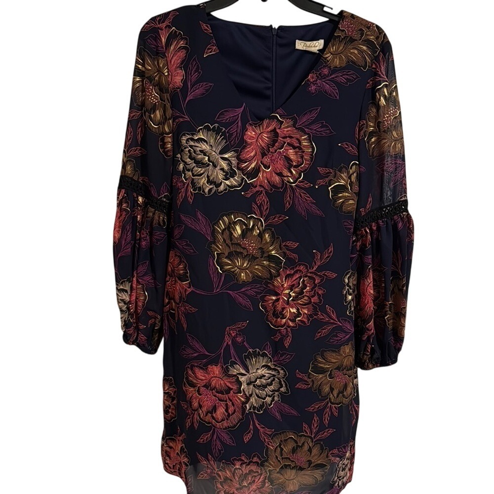 Prelude Versona Navy Blue Floral Balloon Sleeve Mini Dress Size 4 NWT